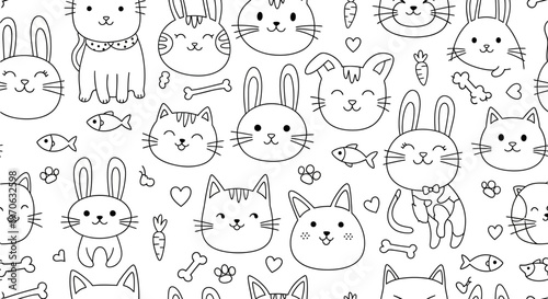 Cute playful seamless pattern of cartoon cats, rabbits, fish, and bones, isolated white background.