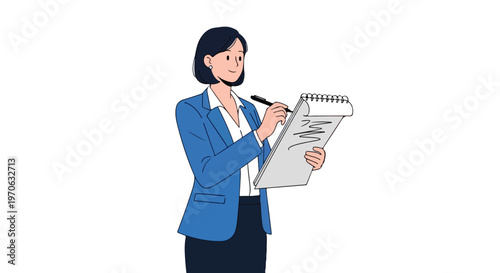 A professional woman wearing a blue blazer and white shirt stands while smiling and taking notes on a spiral notebook with a pen.