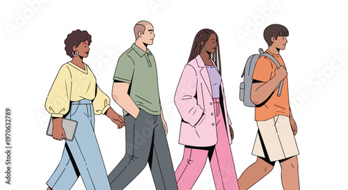 Four diverse people in trendy outfits walk together in a line against a plain white background in this minimalist, flat vector-style illustration.