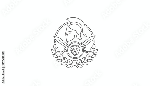 Spartan Helmet Emblem with Lion, Swords, and Laurel Wreath - Ancient Warrior Symbol