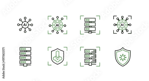 Data Security Icons Representing Artificial Intelligence and Server Protection.
