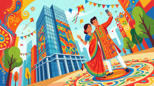 Indian Couple Celebrating Festival and Taking Selfie in Modern City