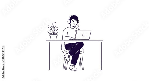 Young adult man working on laptop.