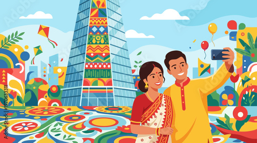 Indian Couple Taking Selfie at Colorful Cultural Festival