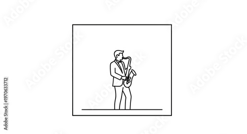 Minimalist line art of a man playing the saxophone on a stage