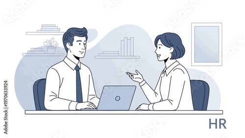 HR professional interviewing candidate in modern office with laptop and bookshelves