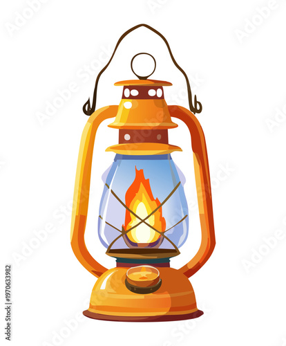 Vintage orange lantern with a glowing flame inside for camping lighting and outdoor evening garden decoration during rustic summer nights