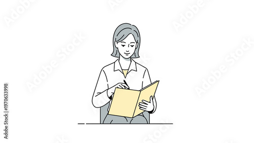 Woman writing in a notebook, focused on her work, minimalist illustration