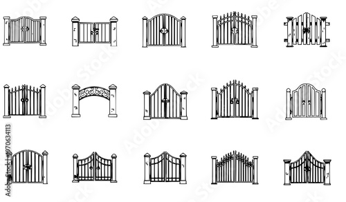 Fotografie Metal fence gate cartoon icon collection entrance vector set isolated on white b