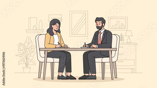 Business meeting: man and woman discussing documents at a table in an office
