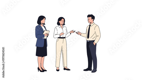 Business meeting: three professionals discussing ideas in an office setting