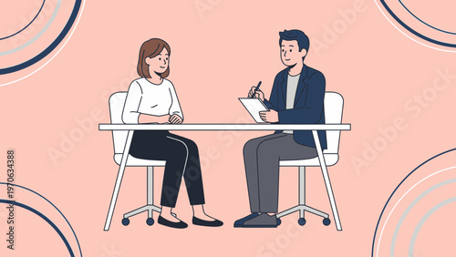 Job Interview: Woman Applicant and Male Interviewer at Desk
