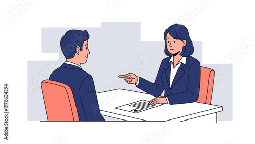 Job Interview: Woman Points at Document, Man Listens Attentively