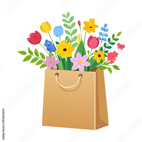 Mixed spring flowers in paper gift bag for romantic surprise delivery floral boutique advertising garden party invitations and seasonal botanical art decor elements