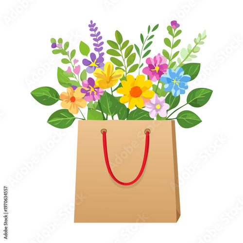 Colorful bouquet in brown paper bag with red handles for flower delivery service marketing floristry workshop promotion and celebratory gift giving occasions
