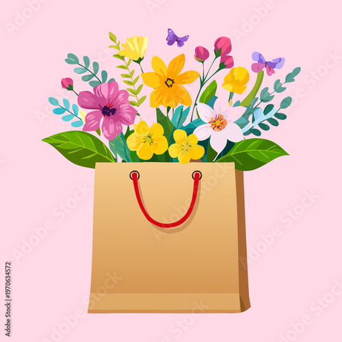 Tall paper bag filled with summer wildflowers for country wedding decor florist shop display gardening hobby blog graphics and seasonal floral arrangement inspiration
