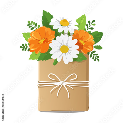 Daisies and marigolds in a tied paper package for rustic wedding centerpieces floristry business cards garden market promotion and eco friendly gift packaging