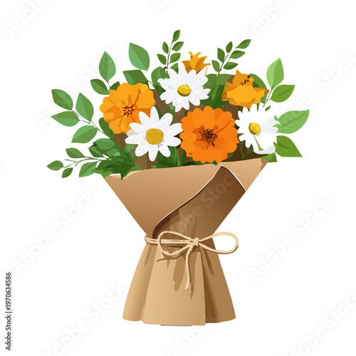 Hand tied flower bouquet in brown paper wrap for anniversary gifts romantic surprise delivery floral shop branding and seasonal spring garden celebration graphics