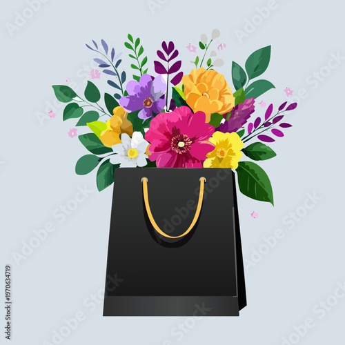 Elegant bouquet in black gift bag for luxury flower delivery services high end floristry branding evening event decor and modern botanical art