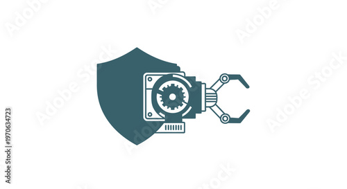 Cybersecurity Shield Protecting Hardware with Robotic Arm Illustration.
