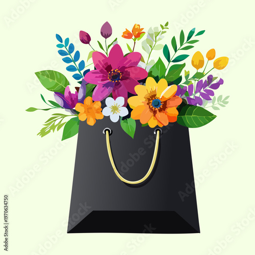 Colorful spring blossoms in dark gift bag for anniversary surprises luxury floral shop marketing boutique branding and sophisticated botanical illustration for printing