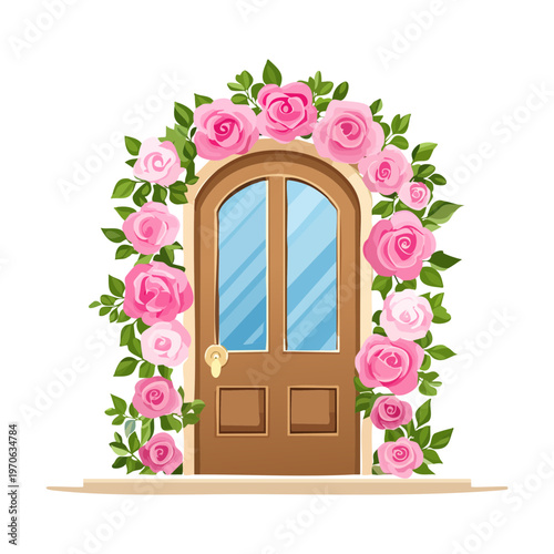 Traditional wooden door decorated with pink flower arch for wedding venue branding fairy tale book illustrations and romantic garden landscape design