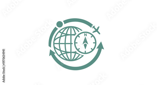 Conceptual travel icon featuring globe, compass, and airplane elements.