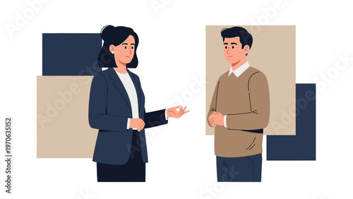 Business meeting: woman in suit talking to man in sweater, modern abstract background