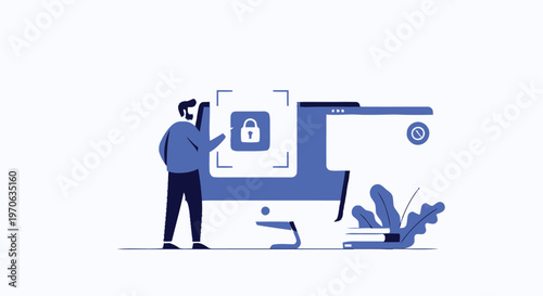 Data Protection Illustration with Man and Computer Monitor.