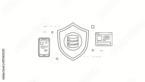 Data Protection Shield with Mobile and Webpage Icons.
