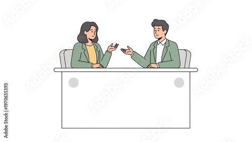 Two professionals discussing ideas at a desk, business meeting, collaboration, modern illustration
