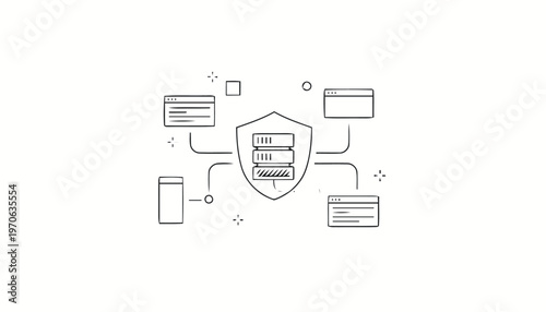 Data Protection Shield with Server and Connected Devices Line Art.