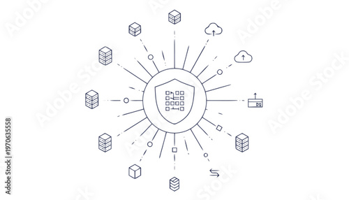 Data Protection Shield with Network Nodes and Cloud Connections.