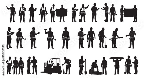 Set of Construction Worker Silhouettes with Tools and Equipment Vector