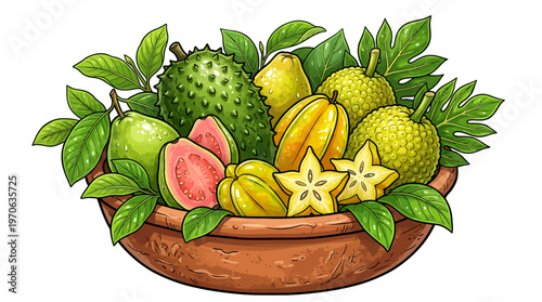 A vivid and inviting illustration celebrating the rich diversity of tropical fruits, artfully arranged in a charming bowl, evoking the essence of natural goodness and healthy culinary delights