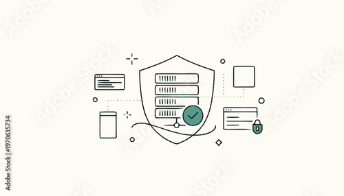 Data Protection Shield with Servers and Credit Cards Illustration.