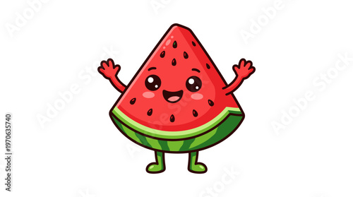 Cute cartoon watermelon character with arms and legs, smiling and waving happily
