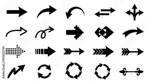 A set of black and white arrow icons in various directions and styles on a plain background