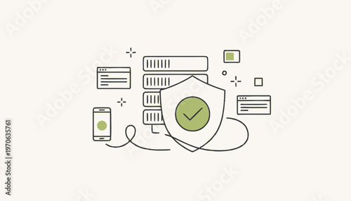 Data Protection Shield with Servers and Devices Illustration.