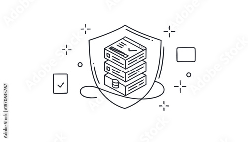 Data Protection Shield with Stacked Servers and Security Checkmarks.