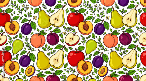 Seamless Pattern with Fresh and Juicy Fruits Hand-Drawn Illustration Featuring a Colorful Mix of Apples, Pears, Peaches, and Plums with Lush Green Leaves on a Bright Background Design