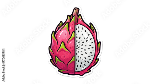 A vibrant, halved dragon fruit illustration showcasing its distinctive pink skin and speckled white interior, perfect for health and exotic fruit themes