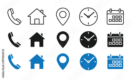 Modern Contact and Location Icon Set Flat Vector Phone Map Calendar Icons