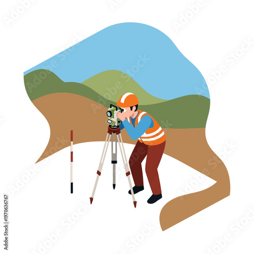 Surveyor in protective clothing uses a theodolite to measure distances and angles on a construction site with hills and sky in the background
