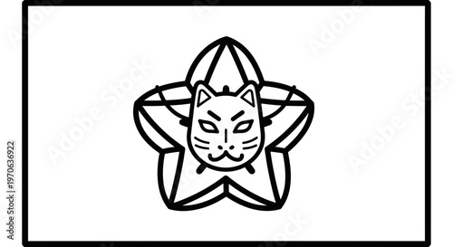 Japanese Kitsune Mask on Star Emblem - Traditional Art, Folklore Symbol