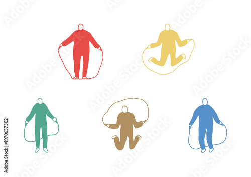 縄跳びをしている人物のゆるい手描きのイラストセット（カラフル）