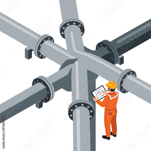 Isometric concept Industrial engineer digitally inspecting a complex pipeline network, symbolizing modern infrastructure maintenance, system management, and operational efficiency