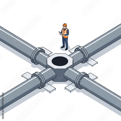 Industrial worker inspecting a complex pipeline network with a tablet in an isometric illustration