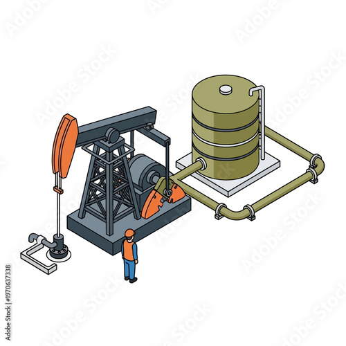 Oil extraction pump jack and storage tank in an industrial setting with a person overseeing operations
