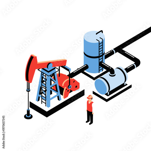 An isometric illustration depicting an oil pumpjack and storage tank, symbolizing the oil and gas industry with a worker nearby